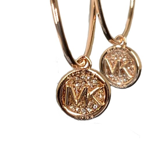 NEW! Michael Kors Charm Dangle Large Hoop Earrings Pave Crystals Rose Gold MK - Picture 11 of 15